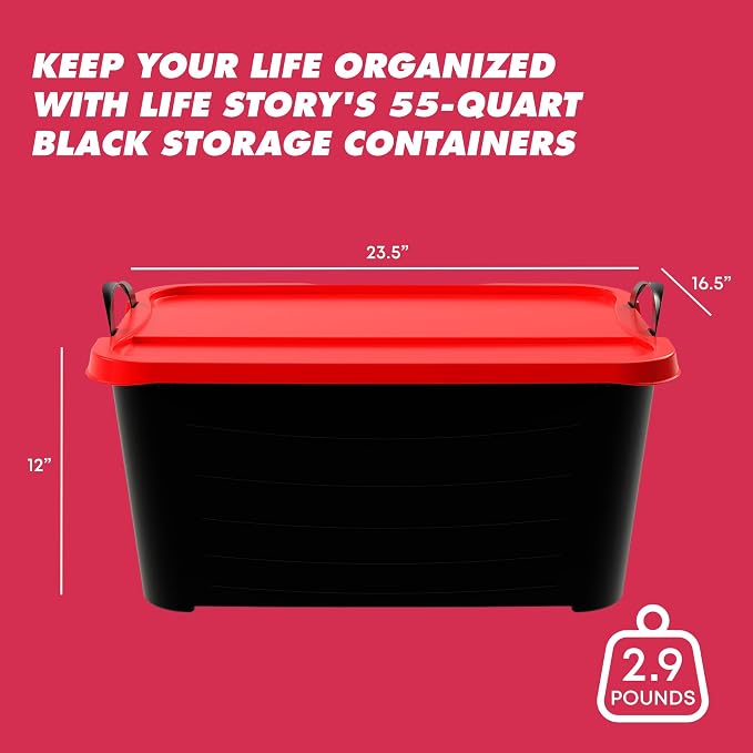 Life Story 6 Pack Heavy Duty Stackable Storage Bin, 55 Quart Home Organizer, Versatile Lightweight Locking Bins with Carrying Handles, Black/Red - Image 3