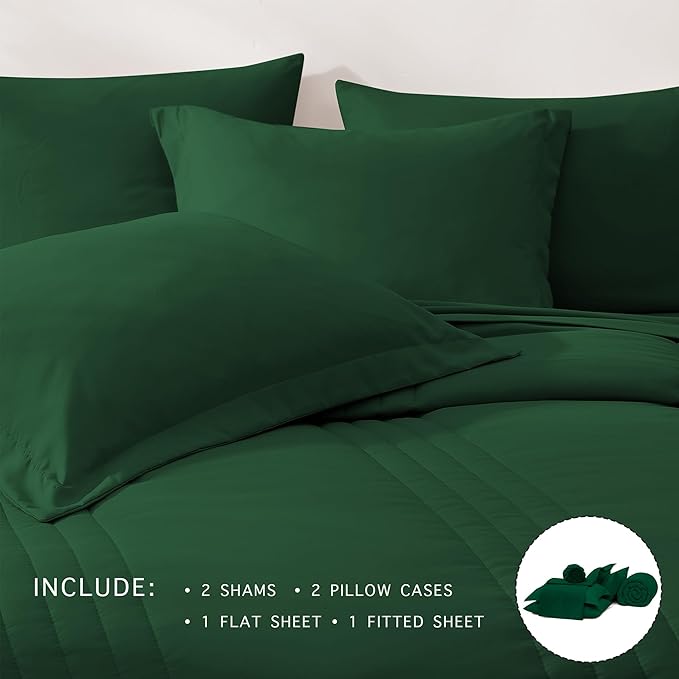 Monbix King Size Comforter Set - 7 Pieces Bed in a Bag King, Emerald Green Bedding Sets with Comforter, All Seasons Comforter Bed Set with Sheets, Pillowcases & Shams