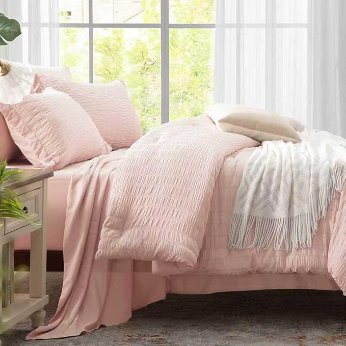 Zzlpp Queen Comforter Set 7 Pieces, Pink Seersucker Bed in a Bag with Comforter and Sheets, All Season Bedding Sets with 1 Comforter, 2 Pillow Shams, 2 Pillowcases, 1 Flat Sheet