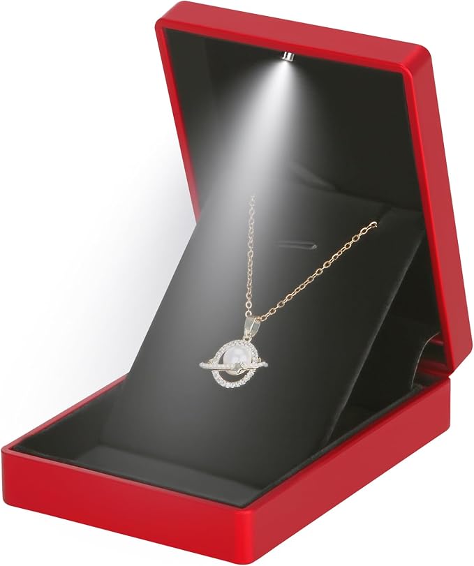 LED Light Pendant Necklace Gift Box, Velvet Jewelry Storage Display Case for Proposal Engagement Wedding Anniversary Birthday Valentine's Day (Red) - Image 2