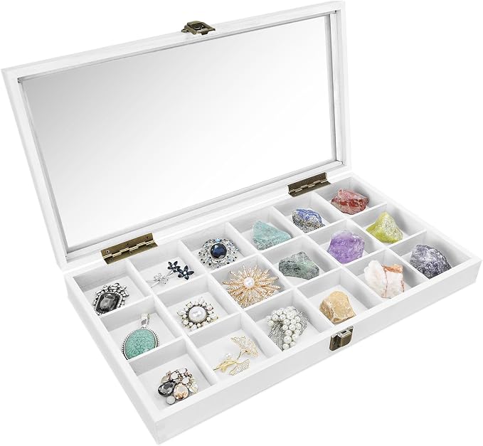 MOOCA Wooden Display Storage Case with Tempered Glass Lid for Jewelry and Beads with 18 Compartments Tray, 15 W x 8 3/8 L x 2 1/8 H in, Wash White Color by Mooca