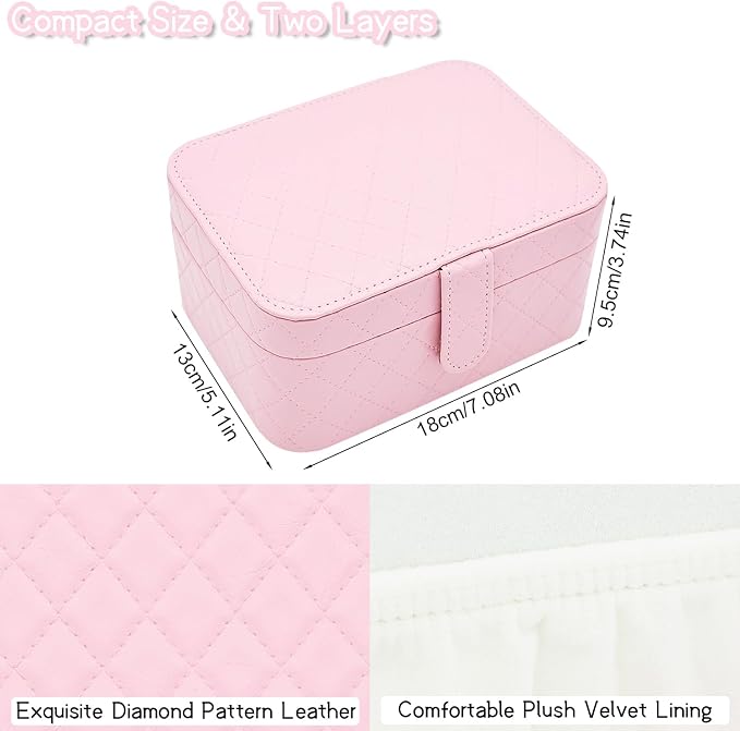 Jewelry Travel Case, 2-Layer Jewelry Box Organizer Medium Jewelry Travel Box, Portable Faux Leather Jewellery Storage Boxes with Argyle for Women, Daily Jewellery Case Home Use (Peach pink) - Image 2