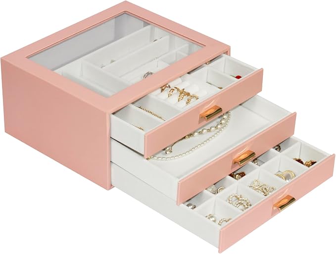 Jewelry Box Organizer with 3 Drawers,Glass Lid Jewelry Boxes for Women,Jewelry Storage for Rings,Necklaces,Earrings,Bracelets,Interesting Gift,Pink - Image 2