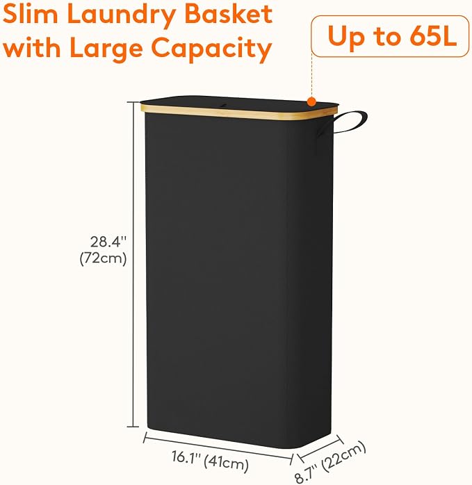 Lifewit 65L Slim Laundry Hamper with Lid, Narrow Laundry Basket with Removable Bag & Bamboo Handles, Fodable Thin Dirty Clothes Hamper for Laundry Collapsible Bin for Bathroom Bedroom Dorm, Black - Image 3
