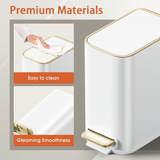 Small Bathroom Trash Can with Lid Soft Close, 5L / 1.3 Gallon Slim Garbage Can with Removable Inner Bucket, Step Stainless Steel Trash Bin for Office, Bathrooms, Bedroom, Living Room (White) - Image 5