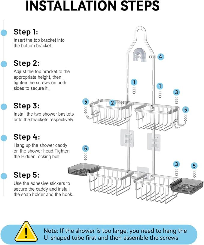 Adjustable Shower Caddy Hanging - Never Rust Shower Organizer Hanging, Aluminum Shower Racks for Inside Shower - Bathroom Organizers and Storage with 2 Soap Holders and 2 Removable Hooks, Silver - Image 8