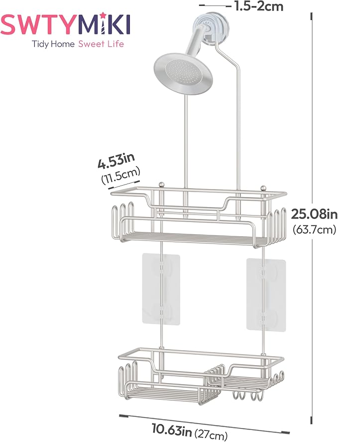 SWTYMIKI Bathroom Shower Caddy Hanging - Extended Length 2 Tier Rustproof Over Shower Head Organizer, No Drilling Bathroom Shelf with 14 Hooks & Soap Holder, Anti-Swing Rack, Sand Nickel - Image 8