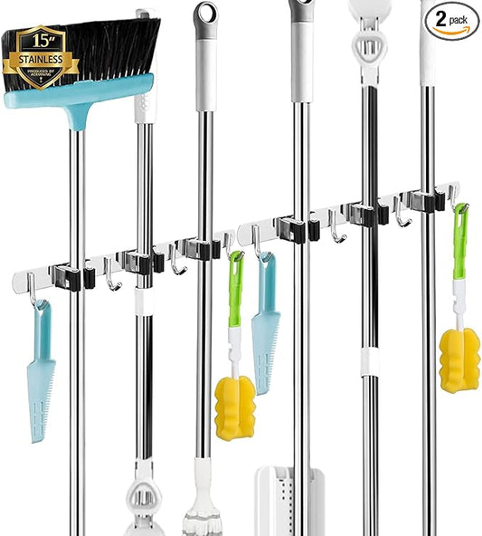 2 Pack 3 Racks and 4 Hooks Broom and Mop Holder Wall Mounted Garage Organizer Storage Tool Racks Stainless Steel Heavy Duty Hooks Self Adhesive Solid Non-slip Wall Hangers for Home Kitchen Garden by AceMining