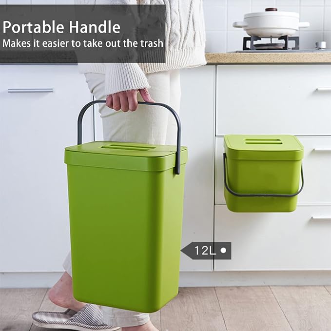 stonespace Small Trash Can with Lid，Mountable Indoor Compost Bucket, Hanging Trash Can with Lid for Cupboard/Bathroom/Bedroom/Office/Camping, 3.2 Gallon/12L Green - Image 5