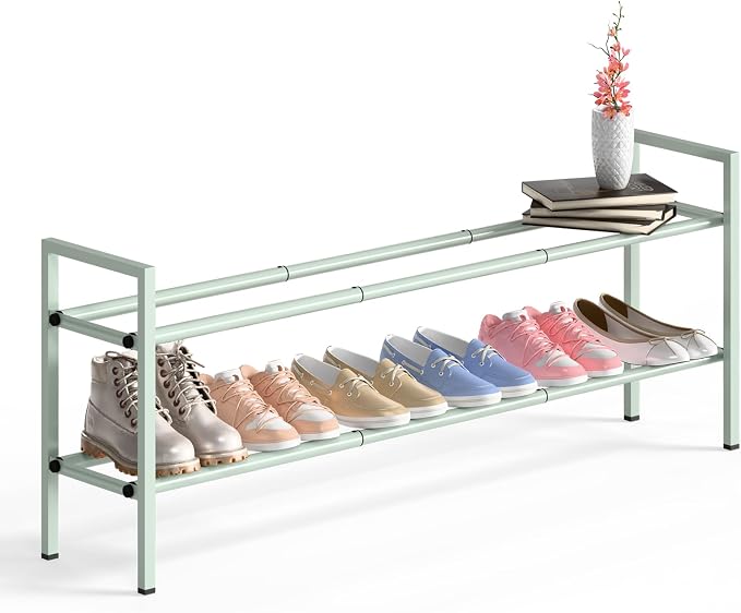 Bumusty 2-Tier Long Expandable Shoe Rack for Closet, 18"-44" Adjustable Shoe Rack for Entryway, 10-12 Pairs Large Shoe Organizer Shelf Storage, Sturdy Metal, Green by BUMUSTY
