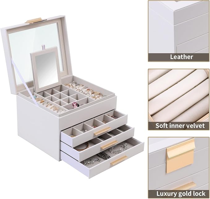 BOOVO Clear Lid Jewelry Box,4 Layers Jewelry Organizer Large Jewelry Storage Box with 3 Drawers,Jewelry Holder Organzier of Rings Earrings Necklace Bracelets for Women (White, 4 Layer) - Image 2