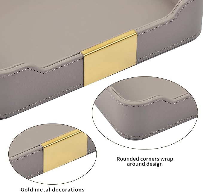 Luxury Leather Valet Tray Desktop Storage Organizer,Bedside Vanity Catchall Tray Nightstand Caddy Holder for Cosmetic,Jewelry,Watch,Keys,Phone,Wallet,Remote Controller,Pen,Gray - Image 6