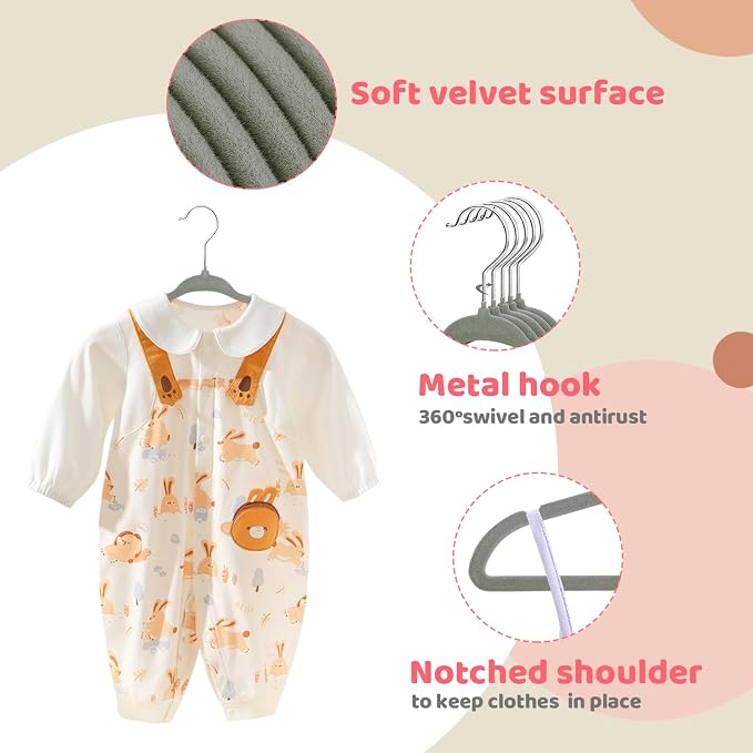 ManGotree 11" Baby Velvet Hangers, Non-Slip Infant Coat Hangers, Ultra-Thin Toddler Felt Hanger with 360° Swivel Hook, Space Saving Children's Hanger for Kids Clothes, 48 Pack (Grey) - Image 3