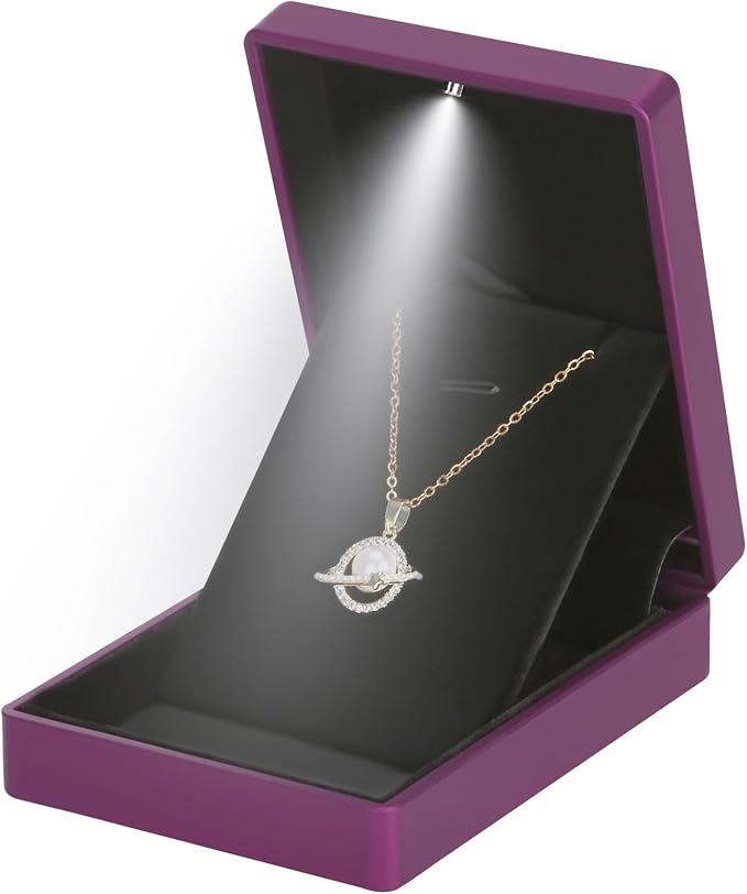 LED Light Pendant Necklace Gift Box, Velvet Jewelry Storage Display Case for Proposal Engagement Wedding Anniversary Birthday Valentine's Day (Purple) - Image 2