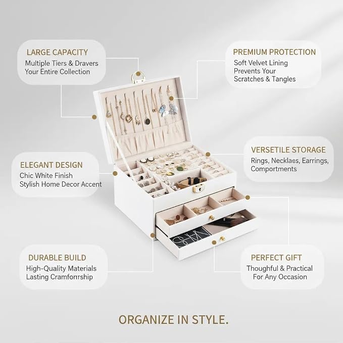3 Layer Jewelry Box, Jewelry Holder Organizer with Jewelry Organizer Drawer, Large Jewelry Boxes & Organizer with Velvet Earring Organizer, Lockable Jewelry Holder, Unique Gifts for Women Mom (White) - Image 7