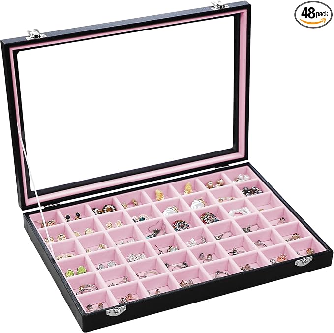 Stratalife Jewelry Organizer 48 Grid Jewelry Tray with Clear Lid Dust-proof Velvet Earring Organizer Necklace Rings Holder Display Drawer Storage Case for Women Pink Black by Stratalife