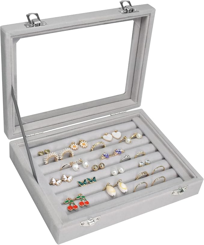 Vicoter Rings Organizer Tray 7 Slots Velvet Jewelry Earring Storage Box with Transparent lid Jewelry Display Case for Girls Wife Mom Women (Grey) by Vicoter