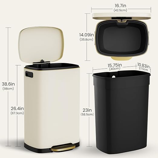 ELPHECO Kitchen Trash Can with Lid Soft Close, 13 Gallon / 50L Stainless Steel Pedal Garbage Can, Heavy-Duty Fingerprint Proof Step Wastebasket with 20 Bags, Removable Bucket, Home Office, Cream Beige - Image 7