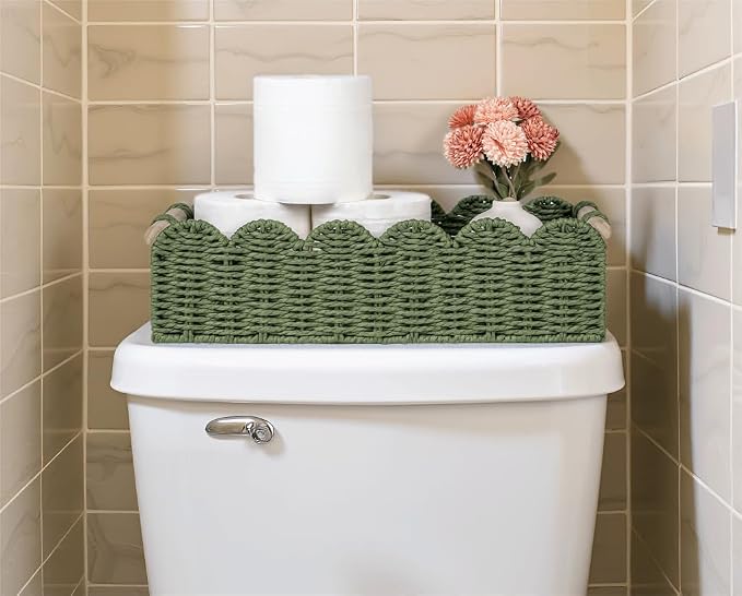 CubesLand Toilet Paper Storage Basket, Scalloped Edge Shelves Basket for Organizing for Over Toilet Tank Storage, Home Decor Baskets for Shelf, Countertop, Living Room, Bedroom, Handwoven, Green - Image 6