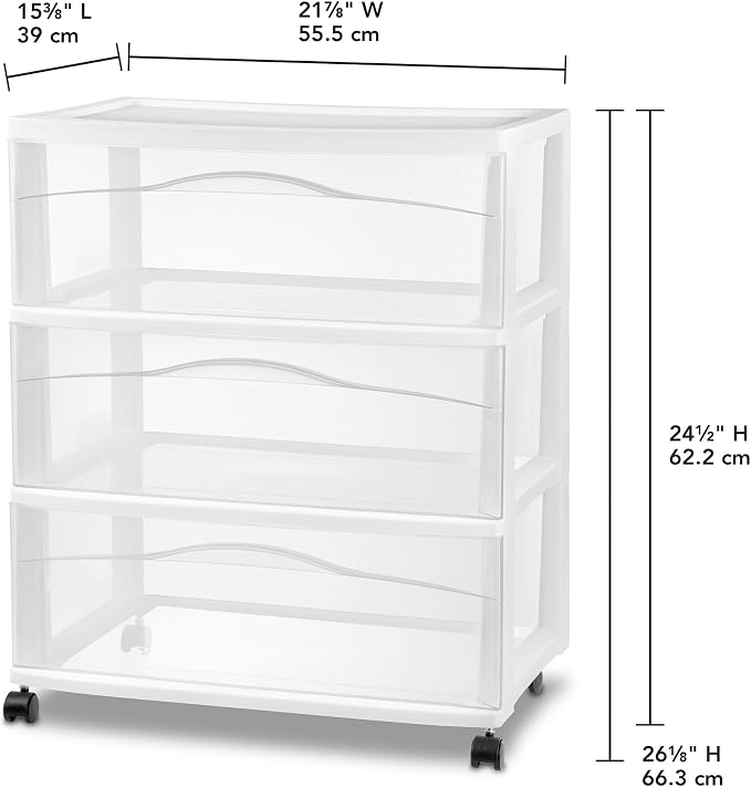 Sterilite Wide 3 Drawer Storage Cart, Plastic Organizer with Wheels, White - Multipurpose Bin for Clothes, Accessories, or Home Accessories - Image 3