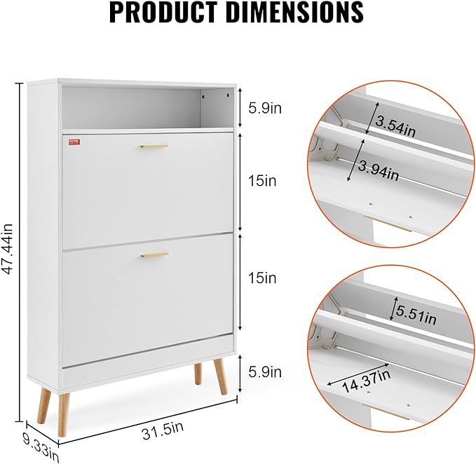 VEVOR Shoe Storage Cabinet for Entryway, 31.5" D x 9.4" W x 47.3" H, White - Image 3