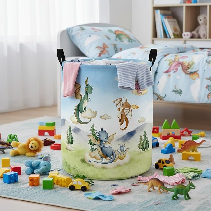 Baby Laundry Basket Baby Nursery Hamper Kids Laundry Basket Toy Storage Bin for Boys Room Decor Gift Baskets for Bedroom Bathroom(Flying Dinosaur) - Image 3