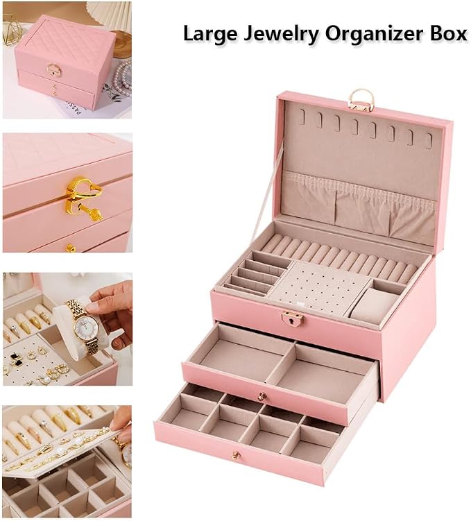 GUOER Jewelry Box for Women Girl Wife 3 Layers Large PU Leather Jewelry Organizer Storage Case with Two Layers Display for Earrings Bracelets Rings Watches PINK - Image 3
