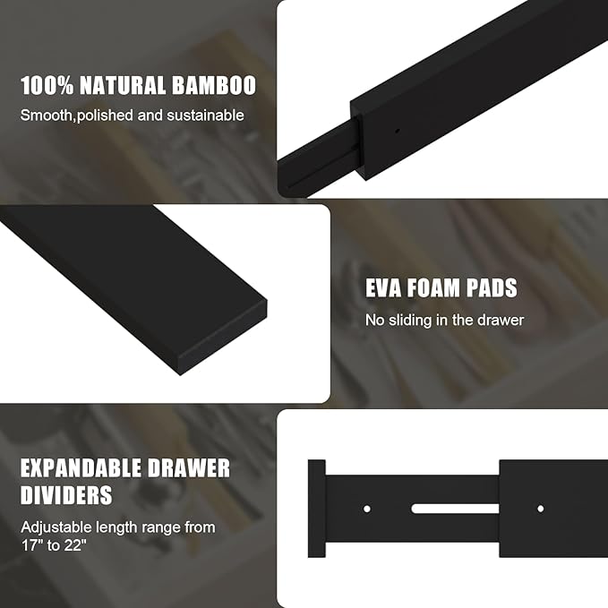 Bamboo Drawer Dividers,17-22" Adjustable Kitchen Drawer Organizer for Clothes,6 Pack Expandable Drawer Organization Separators for Bedroom,Bathroom,Dresser and Office,Black - Image 7