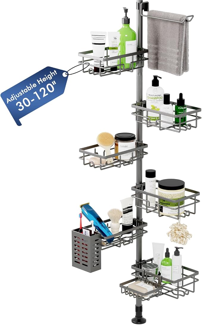 Vatex Corner Shower Caddy Tension Pole,30-120 Inch Adjustable Shower Organizer, 6-Tier Shower Shelves with Towel Rack/Toothbrush Holder/Soap Dish, Bathroom Corner Storage Rust-Resistant by Vatex