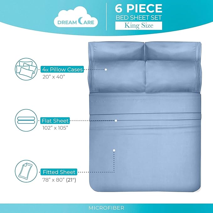 DREAMCARE King Size Sheets Set - 6 pcs Breathable Cooling Bed Sheets - up to 15" Deep Pocket King Sheet Set with Side Pockets - Extra Soft 100% Brushed Hypoallergenic Hotel Luxury Bedding - L Blue
