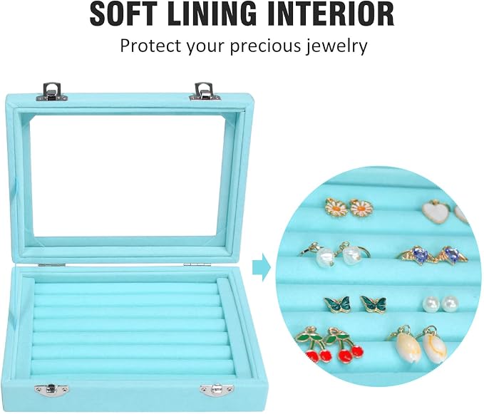 Vicoter Rings Organizer Tray 7 Slots Velvet Jewelry Earring Storage Box with Transparent lid Jewelry Display Case for Girls Wife Mom Women (Light Blue) - Image 3