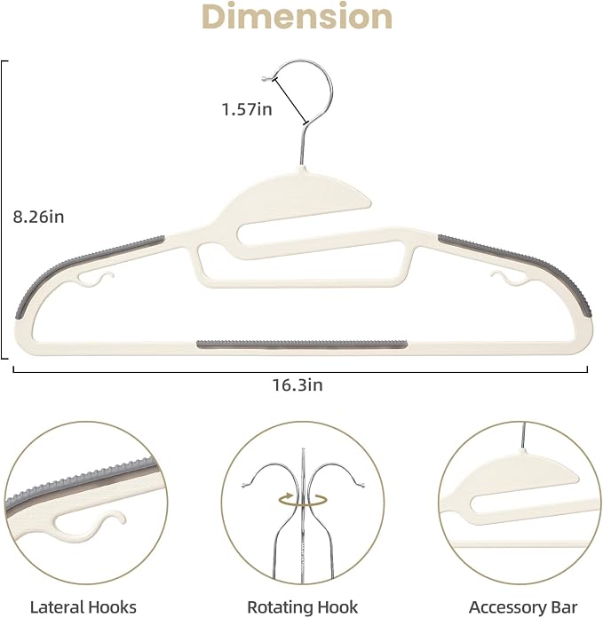 BAGAIL Plastic Hangers 50 Pack with Non-Slip Design,0.2 Inches Thick, 360°Swivel Hook Space Saving Organizer for Bedroom Closet,Shirts,Pants(Beige- S Shaped) - Image 2