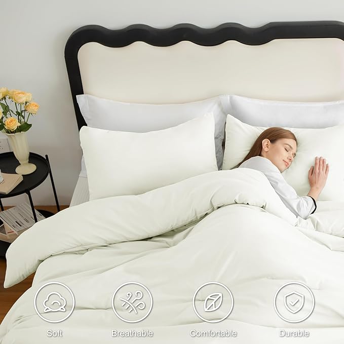 CozyLux King Size Comforter Set Ivory, 3 Pieces Solid Comforters King Size Breathable Quilted Bedding Sets, Luxury Soft Lightweight Bed Set with Down Alternative Comforter and 2 Pillowcases All Season