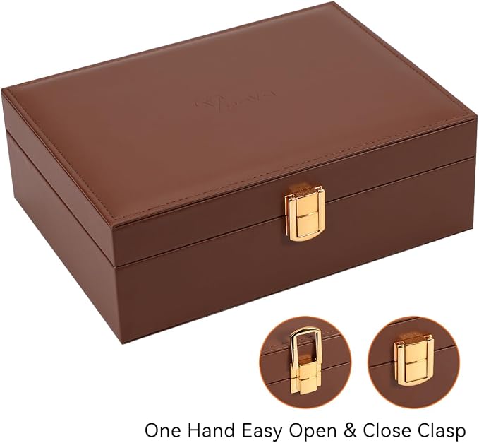 Voova Jewelry Box Organizer for Women Girls, 2 Layer Large Men Jewelry Storage Case, PU Leather Display Jewellery Holder with Removable Tray for Necklace Earrings Rings Bracelets, Caramel Brown - Image 5