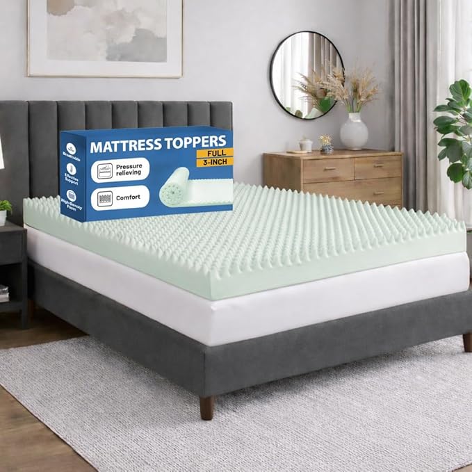 Greaton, 3-Inch Convoluted High Density Foam Mattress Topper, CertiPUR-US Certified for Superior Comfort and Support, Full, Green