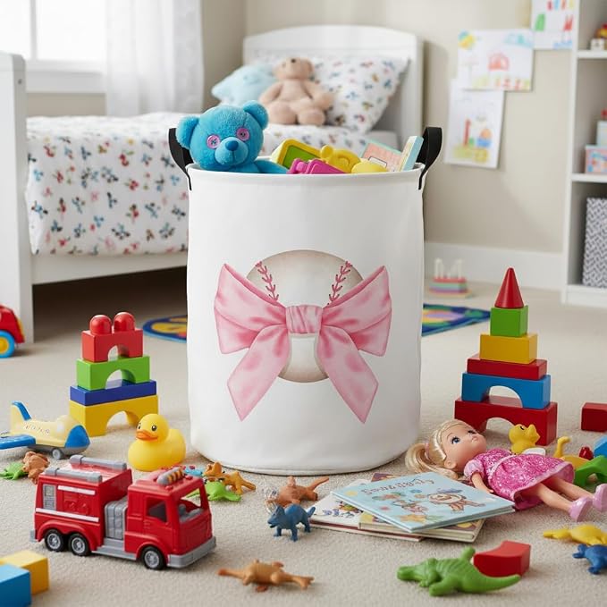 Baby Laundry Basket Baby Nursery Hamper Kids Laundry Basket Toy Storage Bin for Boys Room Decor Gift Baskets for Bedroom Bathroom(Bowknot Baseball) - Image 4
