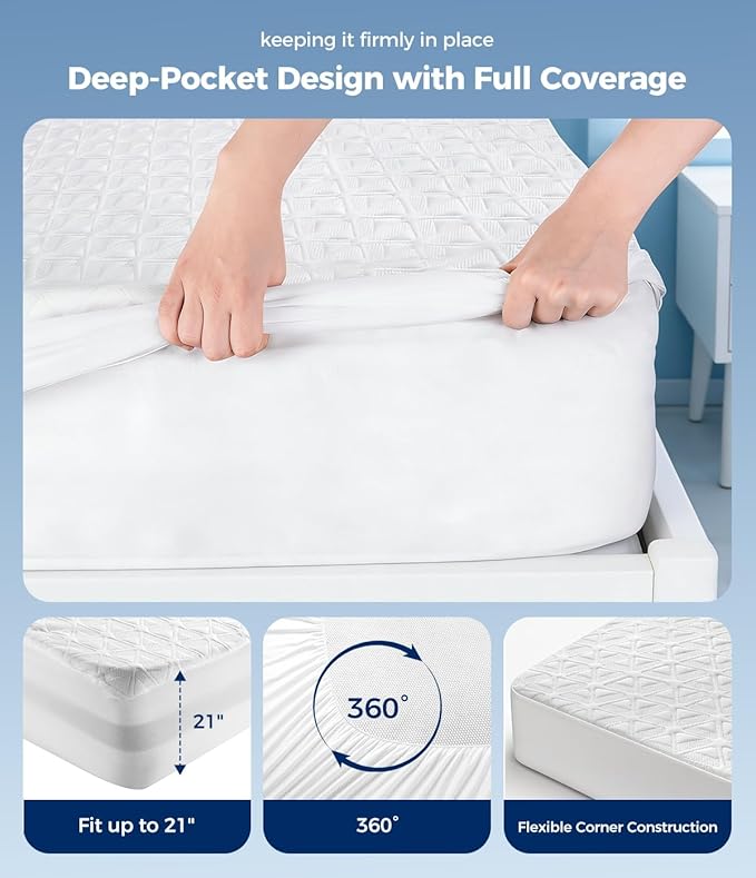 Waterproof Mattress Protector Full Size, Soft Breathable Mattress Pad with Deep Pocket 8"-21", Noiseless 3D Air Fabric Cooling Mattress Cover for Bed, Machine Washable, White