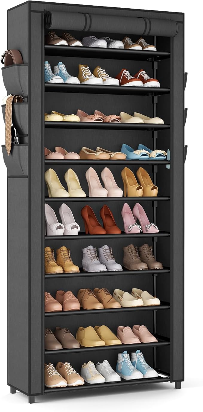 VTRIN Vertical Narrow Shoe Rack Organizer Tall Shoe Rack for Closet Entryway 10 Tier Non-Woven Cover Shoe Shelf Holds 36-41 Pairs Free Standing Shoe Storage Cabinet with Dustproof Cover, Black by VTRIN