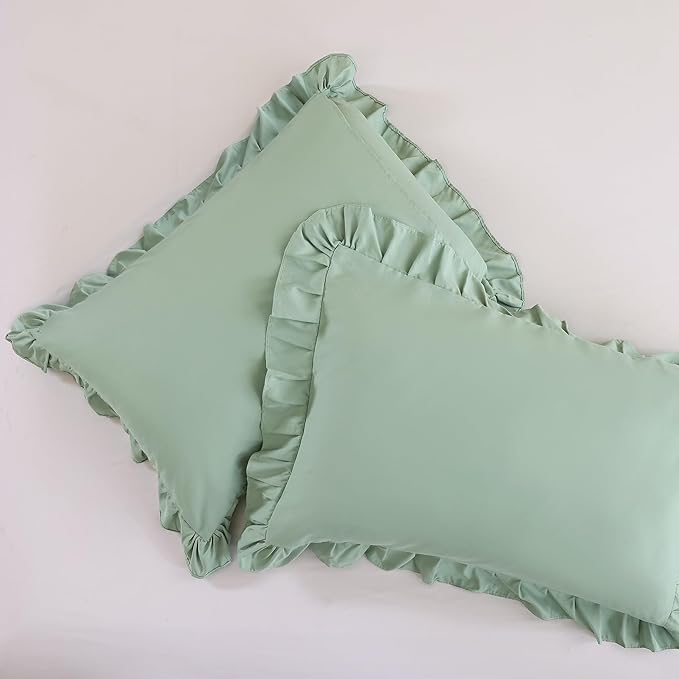 JANZAA Full Size Comforter Sage Green 3PCS 1 Ruffled Comforter Set and 2 Pillow Cases Fluffy Vintage Farmhouse Shabby Chic Bedding Soft All Season