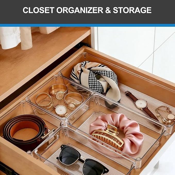 9 PCS Clear Plastic Drawer Organizer Sets, 3 Sizes Vanity Organizer Trays Stackable Storage Bins for Kitchen, Cabinet, Bathroom, Office, Laundry Room Organizing - Image 8