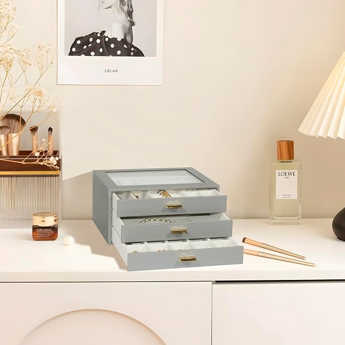 Jewelry Box Organizer with 3 Drawers,Glass Lid Jewelry Boxes for Women,Jewelry Storage for Rings,Necklaces,Earrings,Bracelets,Interesting Gift,Gray - Image 3
