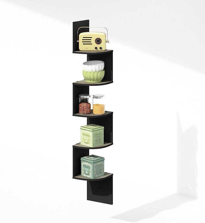 Furinno Rossi 5-Tier Floating Corner Shelf for Wall, Corner Zigzag Shelf Wall Mounted, Radial Wall Mount Shelves, for Home Office, Living Room, Bedroom, Bathroom, French Oak by Furinno-FitsYourSpaceFitsYourBudget