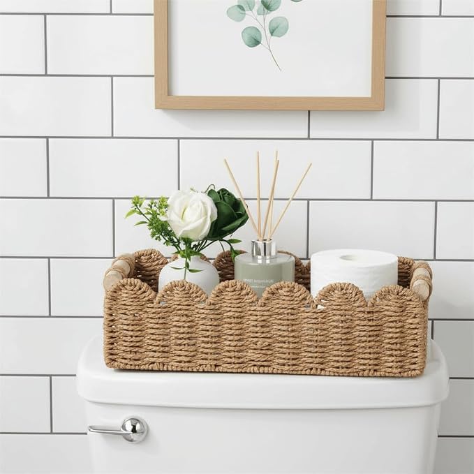 CubesLand Paper Rope Scalloped Edge Toilet Paper Storage Basket, Small Living Room, Bedroom Decor Baskets for Over Toilet Storage Shelf, End Table, Shelves and More, with 2 Wooden Handle, Neutral - Image 2