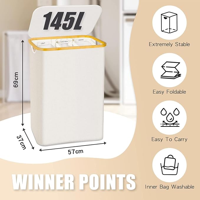 Extra Large 3 Section Dirty Clothes Laundry Basket with Lid, Dirty Clothes Hampers with Removable Bags for Bedroom and Laundry Room, Beige - Image 4