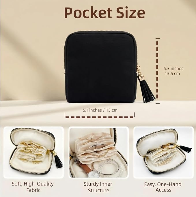 Mini Travel Jewelry Case, Small Jewelry Organizer, Jewelry Travel Case for Women, Portable Travel Jewelry Organizer Bag, Travel Jewelry Box – 5.3 × 5.1 inches (Black) - Image 6