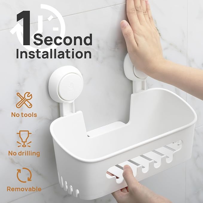 LEVERLOC Shower Caddy Suction Cup 2 Pack, Shower Organizer Removable Bathroom Shelf, Storage Suction Powerful Max Hold 22lbs Bathroom Caddy Waterproof Holder, White - Image 2