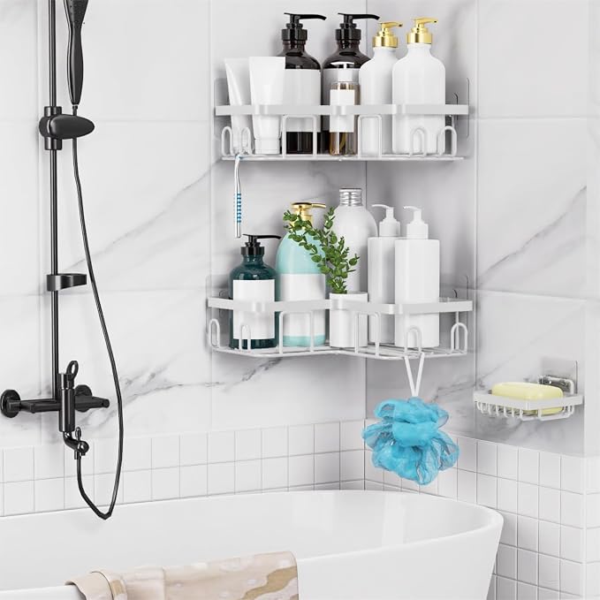 Moforoco Corner Adhesive Shower Caddy, with Soap Holder and 12 Hooks, Rustproof Stainless Steel Bathroom Organizer, No Drilling Wall Mounted Rack, Black, 3-Pack(White) - Image 7