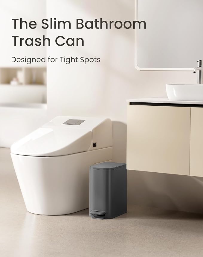 Cesun Small Bathroom Trash Can with Lid Soft Close, Step Pedal, 5 Liter / 1.3 Gallon Stainless Steel Garbage Can with Removable Inner Bucket, Waste Basket for Bathroom, Bedroom (Gray) - Image 2