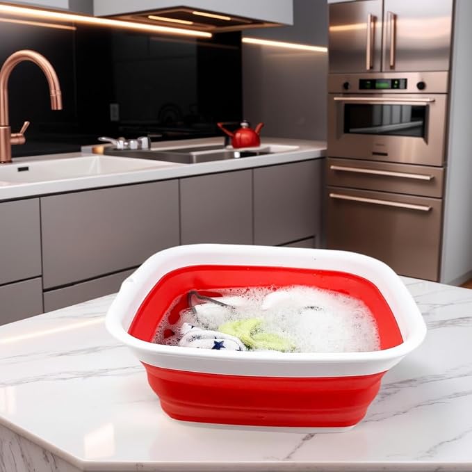 SAMMART 7.7L (2 Gallon) Collapsible Tub - Foldable Dish Tub - Portable Washing Basin - Space Saving Plastic Washtub (White/Coral Pink, S) - Image 2