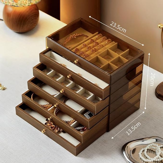 Wooden Jewelry Box Organizers and Storage for Girls Women 6 Drawers Multi-Layer Storage Case for Rings Earrings Necklaces Bracelets Vintage Box - Image 5